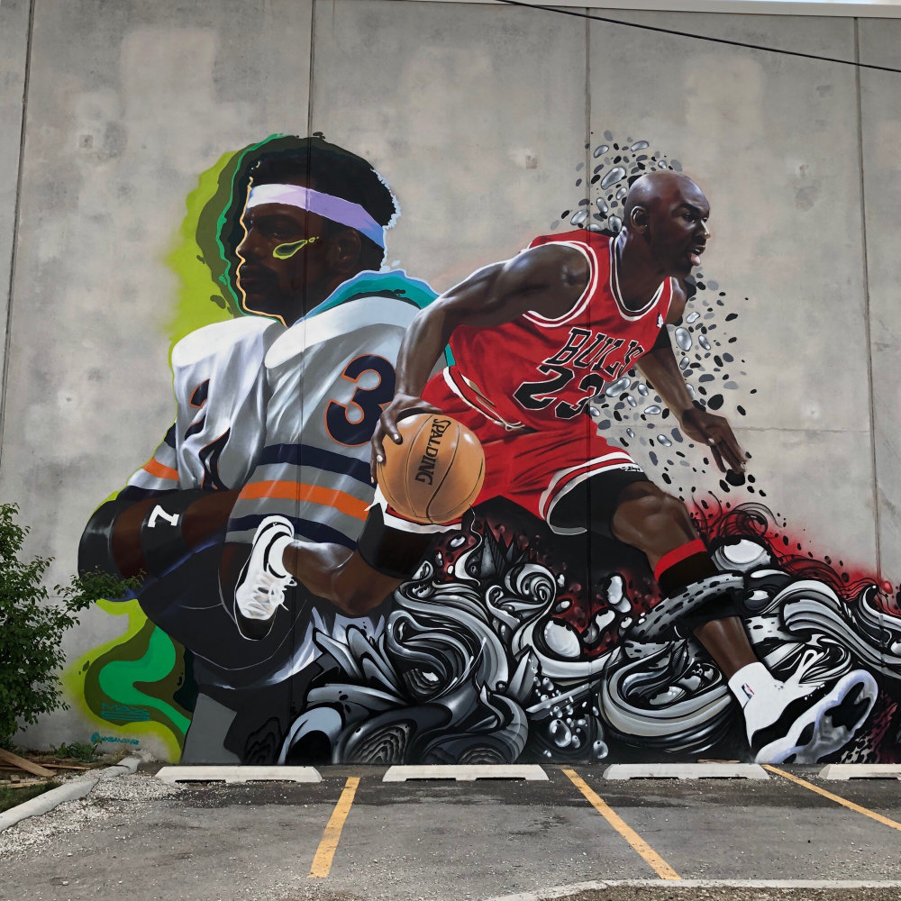 mural in Chicago by artist Max Sansing. Tagged: Michael Jordan, sports, Walter Payton