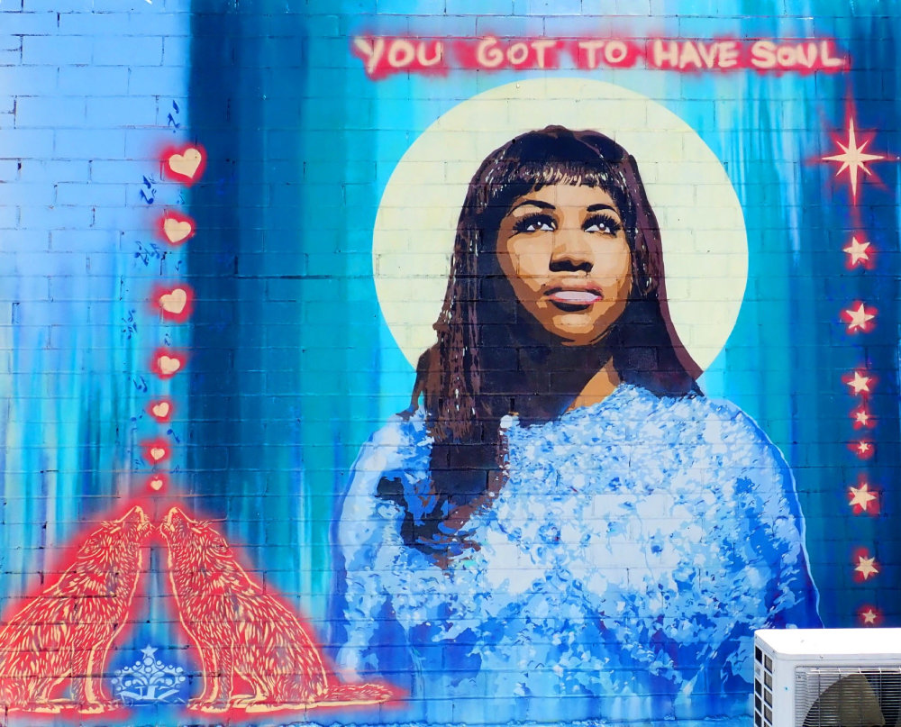 mural in Austin by artist Niz. Tagged: Aretha Franklin, music